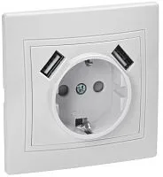 Розетка 1-м СП Кварта РЮш10-1-КБ 16А USBх2 2.1А с заземл. бел. GENERICA KV-R14-16-U2-K01