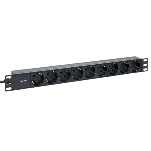 Блок PDU TERACOM PRO 19дюйм 1U 10А/250В 9 роз. Schuko шнур 2м 3х1.5кв.мм вилка C14 корпус алюм. черн. EKF TRP-HPD-10A-9SH-2MC14