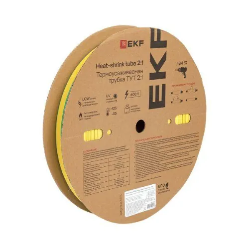 Трубка термоусадочная ТУТ нг 30/15 желт./зел. (уп.50м) EKF tut-30-yg