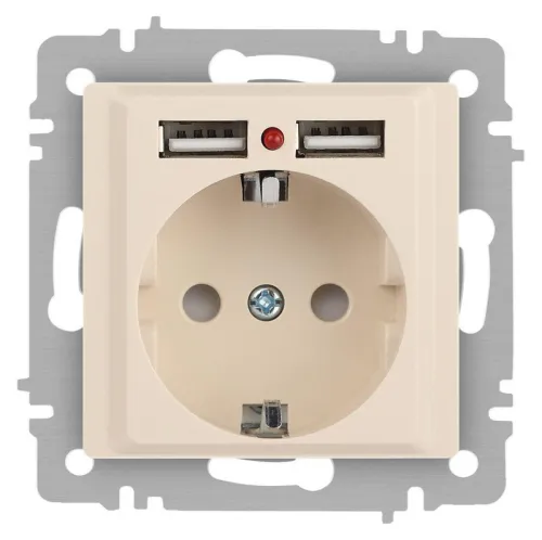 Розетка 1-м СП Accent 6-410-02 16А IP20 250В P+E Schuko + 2хUSB защ. шторки сл. кость Intro Б0063692