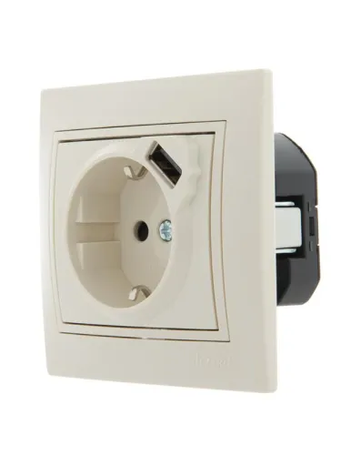 Розетка 1-м СП Mira 16А с заземл. + USB разъем крем. LEZARD 701-0303-181 фото 3