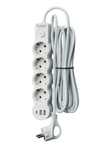 Удлинитель 4х1.5м с заземл. 10А IP20 USB type-Aх2 + type-C 2500Вт 220В ПВС 3х1 с выкл. бел. КОСМОС YKsm1.5m4g-Z-VU10А-W фото 2