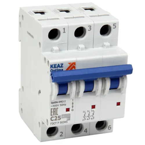Выключатель автоматический модульный 3п C 32А OptiDin ВМ63-3C32-15-УХЛ3 КЭАЗ 341962