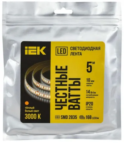 Лента светодиодная 2835-168LED 14Вт/м IP20 10мм 24В 3000К (уп.5м) IEK LSR6-1-168-20-1-05 фото 3