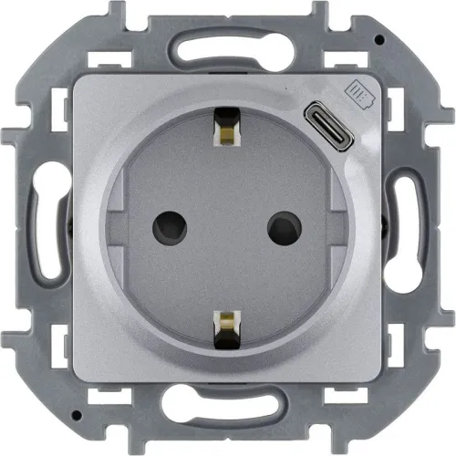 Розетка 1-м СП Inspiria 16А IP20 250В 2P+E немецк. стандарт с заряд. устр. USB тип C 1.5А 5В механизм алюм. IEK 673772