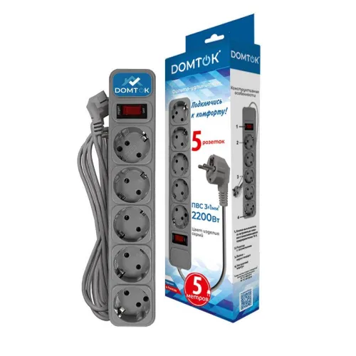 Удлинитель с сетевым фильтром 5х5м с заземл 10А IP20 2.2кВт ПВС 3х1 с выкл. сер. DOMTOK 2534 фото 2
