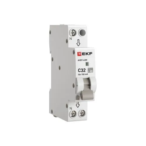 Выключатель автоматический дифференциального тока 1мод. C 32А 100мА тип АС 6кА АВДТ-63М (электрон.) PROxima EKF DA63M-32-100