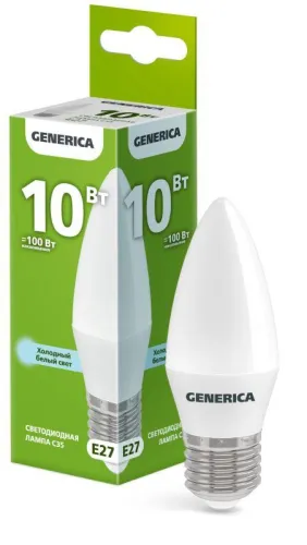 Лампа светодиодная C35 10Вт свеча 6500К E27 230В GENERICA LL-C35-10-230-65-E27-G