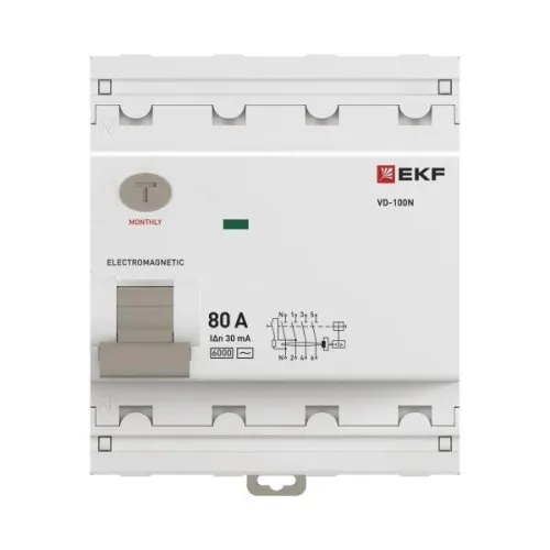 Выключатель дифференциального тока 4п 80А 30мА тип AC 6кА ВД-100N электромех. PROxima EKF E1046M8030 фото 2