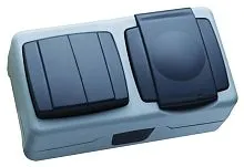 Выключатель двухклавишный + розетка с крышкой с винтовым зажимом блок IP55 Makel 36064203