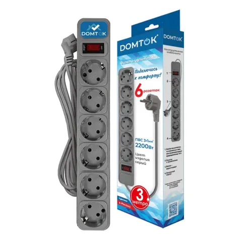 Удлинитель с сетевым фильтром 6х3м с заземл 10А IP20 2.2кВт ПВС 3х1 с выкл. сер. DOMTOK 2519 фото 2