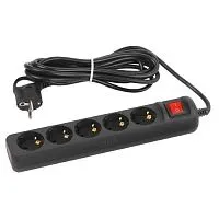 Удлинитель 5х5м с заземл. 10А с выкл. ПВС 3х0.75 черн. UX-5es-5m-B Эра Б0057732