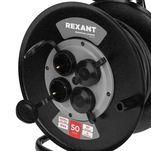 Удлинитель на метал. катушке 4х50 с заземл. IP44 КГ 3х1.5 c защ. крышкой Rexant 13-5013 фото 2