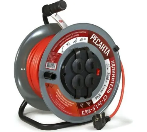Удлинитель на метал. катушке 4х30м IP44 СУ-3х1.5-30/3 с выкл. Ресанта 61/118/7