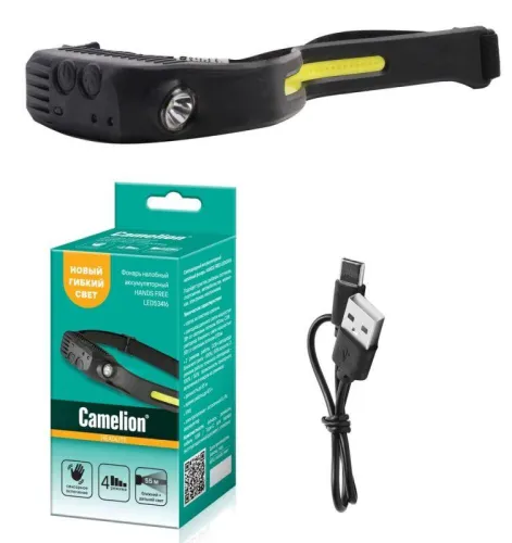 Фонарь аккумуляторный налобный 3.7В лента 2 LED 3Вт 4 режима сенсор Type-C бокс LED53416 черн. Camelion 15748 фото 4
