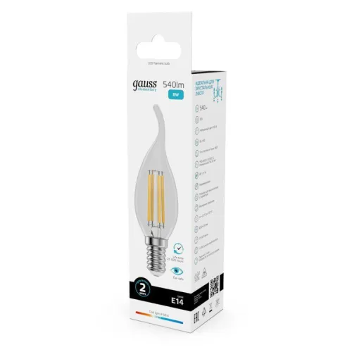 Лампа светодиодная филаментная Filament Elementary 8Вт свеча на ветру 4100К Е14 540лм GAUSS 42128 фото 3