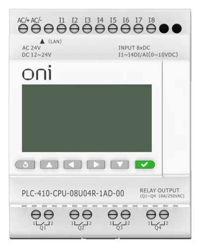 Модуль ЦПУ ПЛК 410 4 DI 4 UI (0-10 В/DI) 4 RO 12В-24В DC или 24В AC с Ethernet портом с экраном ONI PLC-410-CPU-08U04R-1AD-00 фото 2