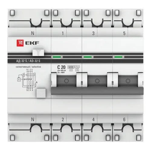 Выключатель автоматический дифференциального тока 3P+N 20А 100мА АД-32 (селективный) PROxima EKF DA32-6-20-100S-4P-pro фото 2