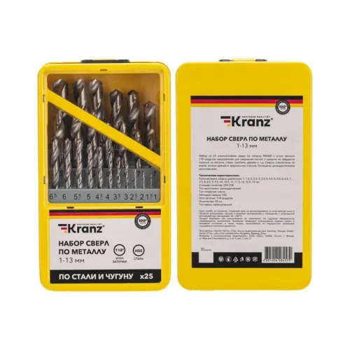 Набор сверл по металлу 1-13мм (через 0.5мм) HSS цилиндрический хвостовик метал. кейс 25шт Kranz KR-91-0637 фото 3