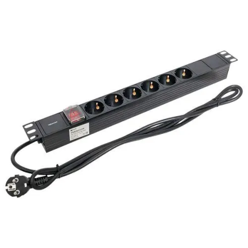 Блок PDU TERACOM 19дюйм 1U 16А/250В 6 роз. Schuko с выключат. шнур 2м 3х1.5кв.мм вилка Schuko корпус пластик черн. EKF TRC-HPD-LS-16A-6SH-2MSH фото 5