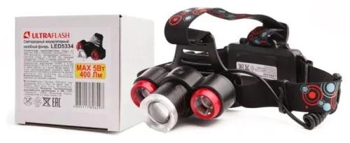 Фонарь налобный аккумуляторный LED5334 3.7В 3LED 5Вт фокус 2 ак. 4 реж. USB бокс черн. Ultraflash 15031