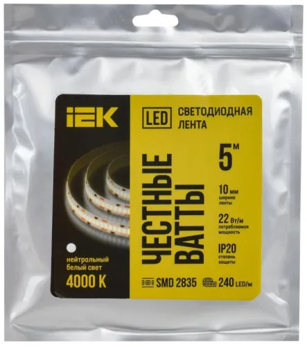 Лента светодиодная 2835-240LED 22Вт/м IP20 10мм 24В 4000К (уп.5м) IEK LSR6-10-240-20-1-05 фото 3