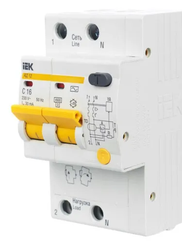 Выключатель автоматический дифференциального тока 2п C 16А 30мА тип AC 4.5кА АД-12 KARAT IEK MAD10-2-016-C-030 фото 4