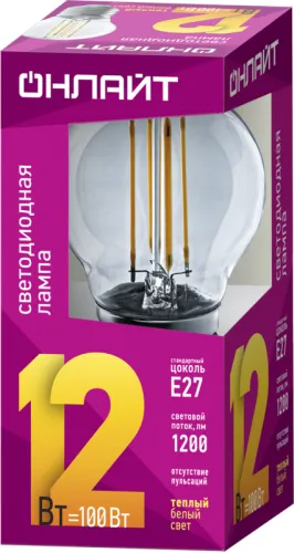 Лампа светодиодная филаментная 80 884 OLL-F-G45-12-230-2.7K-E27 12Вт шар прозрачная 2700К тепл. бел. E27 1200лм 220-240В ОНЛАЙТ 80884 фото 2