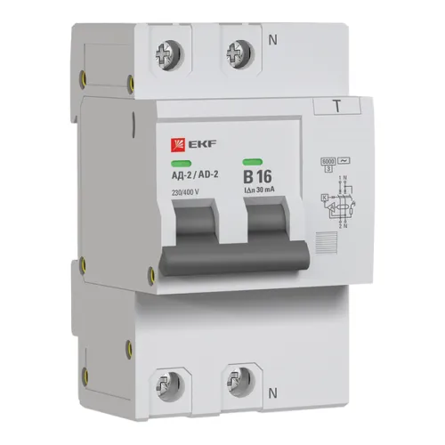 Выключатель автоматический дифференциального тока B 16А 30мА тип AC 6кА АД-2 (электрон.) PROxima EKF DA2-6-16B-30-pro