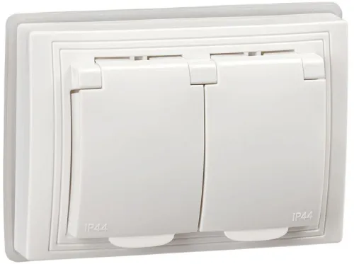 Розетка 2-м СП Кварта РСбш12-3-КБ-44 16А IP44 с заземл. защ. шторки бел. GENERICA KV-R26-16-44-K01
