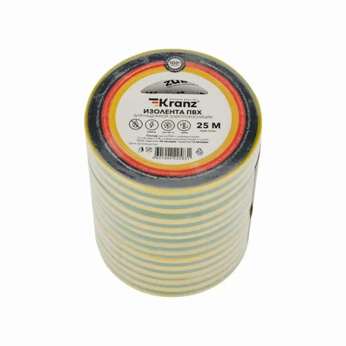 Изолента ПВХ 0.13х19мм 25м желт./зел. (уп.5шт) Kranz KR-09-2207 фото 5