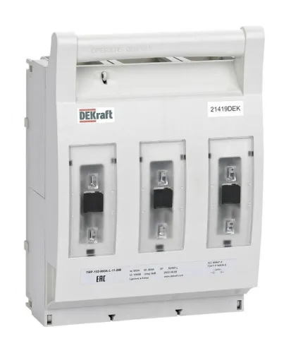 Выключатель-разъединитель-предохранитель ПВР горизонт. 800А 3ф отключ. 1НО+1НЗ навесной монтаж на шину ПВР-102 DEKraft 21419DEK