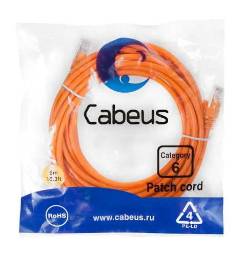 Патч-корд U/UTP кат.6 PC-UTP-RJ45-Cat.6-5m-OR 2xRJ45/8p8c неэкранир. PVC 5м оранж. Cabeus 8702c