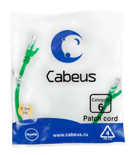 Патч-корд U/UTP кат.6 PC-UTP-RJ45-Cat.6-0.3m-GN 2xRJ45/8p8c неэкранир. PVC 0.3м зел. Cabeus 8682c
