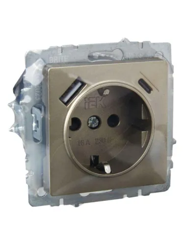 Розетка BRITE РЮш11-1-БрШ 16А с USB A+C 18Вт с заземл. защ. шторки механизм шампань IEK BR-R14-16-U22-018-K37 фото 5