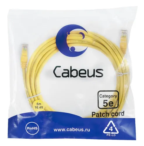 Патч-корд U/UTP кат.5E PC-UTP-RJ45-Cat.5e-5m-YL 2xRJ45/8p8c неэкранир. PVC 5м желт. Cabeus 7688c