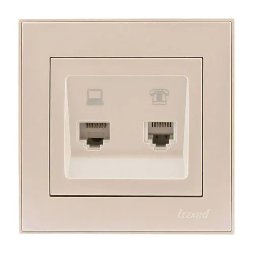 Розетка компьютерная + телефонная 2-м СП Rain RJ45 + RJ11 крем. LEZARD 703-0303-143