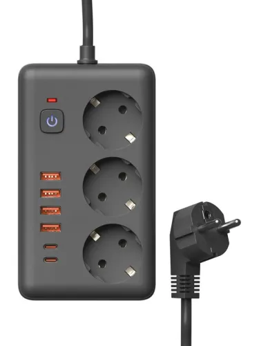 Удлинитель с сетевым фильтром 3х3м 10А 4USB + 2USBC 2500Вт ПВС 3х1 прямоуг. черн. КОСМОС FKsm3m-3gPF(B)USB фото 3