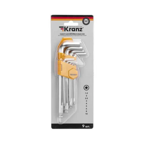 Набор ключей имбусовых HEX 1.5-10мм CrV 9шт удлиненные с шаром Kranz KR-12-5211 фото 2