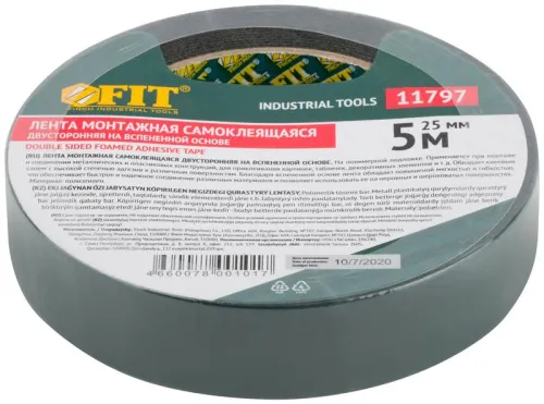 Лента клеящая 2-х сторонняя монтажная на вспененной основе с полимерной подложкой 25ммх5м FIT 11797 фото 3