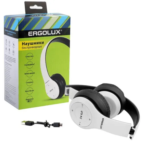 Наушники накладные с микрофоном беспроводные ELX-BTHP01-C01 FM MP3 коробка бел. ERGOLUX 15356 фото 3