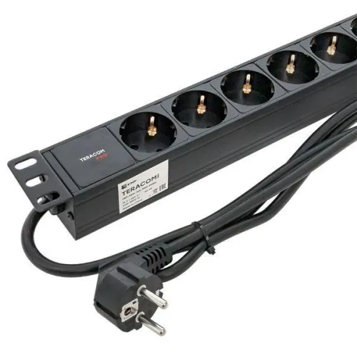 Блок PDU TERACOM PRO 19дюйм 1U 16А/250В 9 роз. Schuko шнур 2м 3х1.5кв.мм вилка Schuko корпус алюм. черн. EKF TRP-HPD-16A-9SH-2MSH фото 6