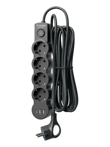Удлинитель 3х1.5м с заземл. 10А IP20 USB 2500Вт 220В ПВС 3х1 с выкл. черн. КОСМОС YKsm1.5m4g-Z-VU10А-B фото 2