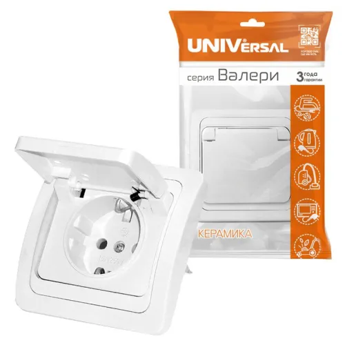 Розетка 1-м СП Валери 16А IP20 с заземл. с крышкой бел. UNIVersal В0029 фото 3