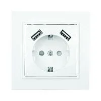 Розетка 1-м СП Минск 16А IP20 с заземл. защ. шторки с 2-мя заряд. устройствами USB 2.1А бел. EKF ERR16-028-100-2USB