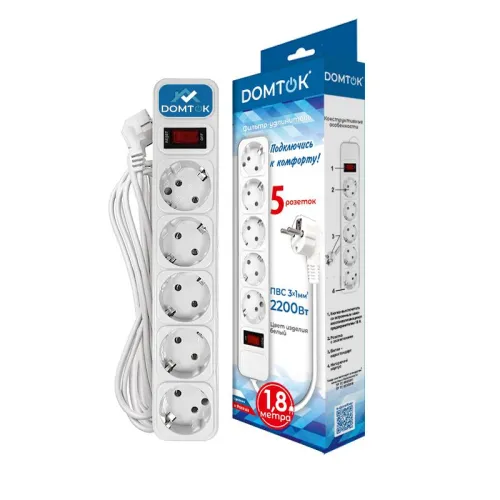 Удлинитель с сетевым фильтром 5х1.8м с заземл 10А IP20 2.2кВт ПВС 3х1 с выкл. бел. DOMTOK 2527 фото 2