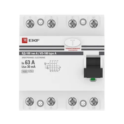 Выключатель дифференциального тока (УЗО) 4п 63А 30мА тип A ВД-100 электрон.PROxima EKF elcb-4-63-30-e-a-pro фото 2