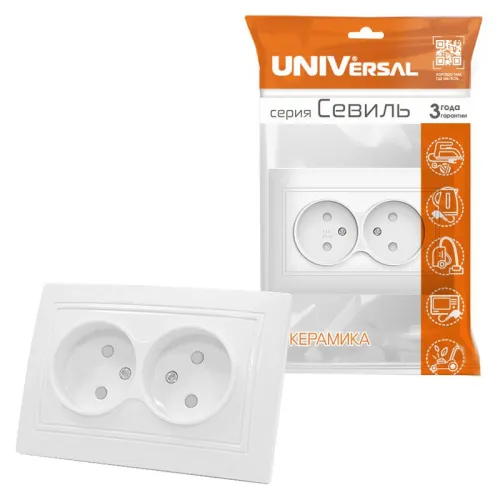 Розетка 2-м СП Севиль 16А IP22 без заземл. защ. шторки бел. UNIVersal С0048 фото 2