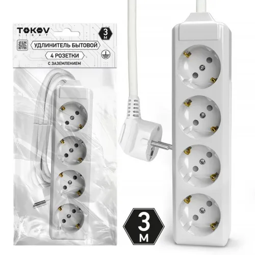 Удлинитель 4х3м с заземл. 10А 3х1.5 TOKOV ELECTRIC TKL-C01-BU4-3-1.5-Z
