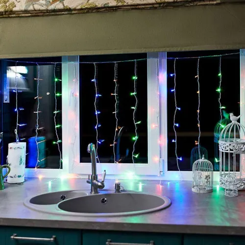 Гирлянда светодиодная "Светодиодный Дождь" 1.5х1м 96LED мультиколор 8Вт 230В IP20 с контроллером провод прозр. Neon-Night 235-029 фото 10